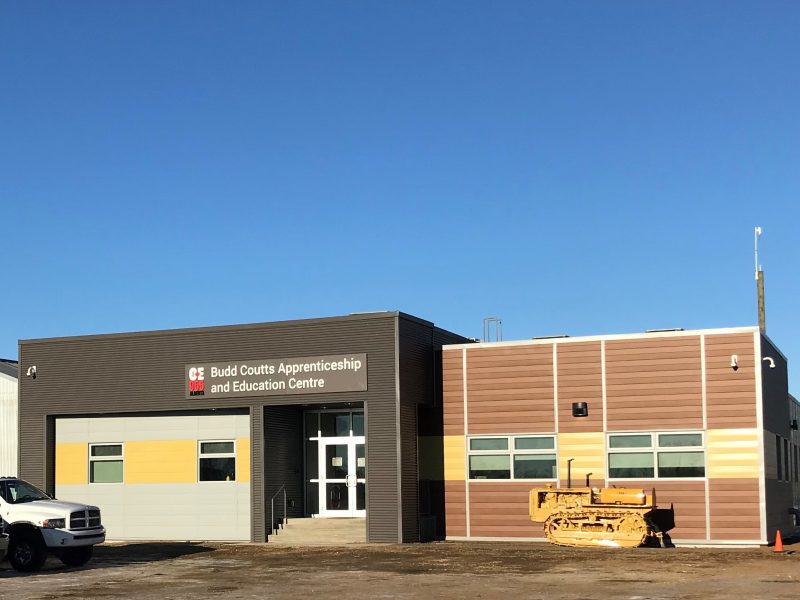 The Budd Coutts Apprenticeship and Education Centre, IUOE Local 955's training facility, with a crawler tractor displayed out front