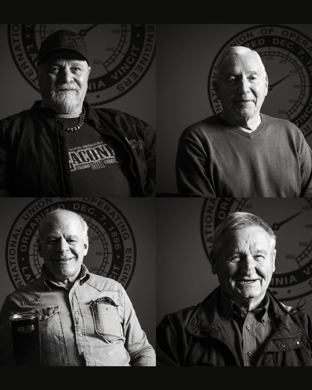 Black and white portrait grid of four retired IUOE Local 955 members, the Done Workin' Club, in front of the union crest
